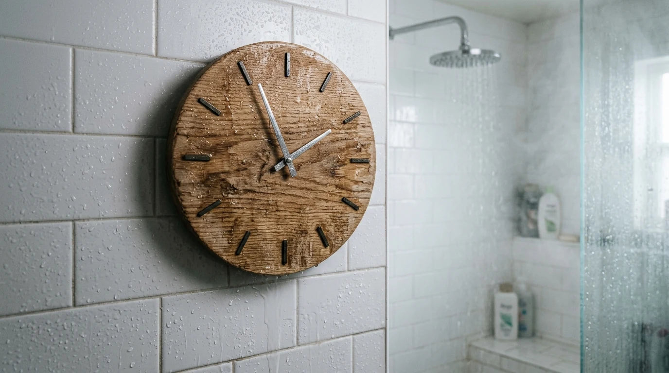 Erreur d'horloge en bois brut placée au-dessus d'une douche humidité matériau inadapté