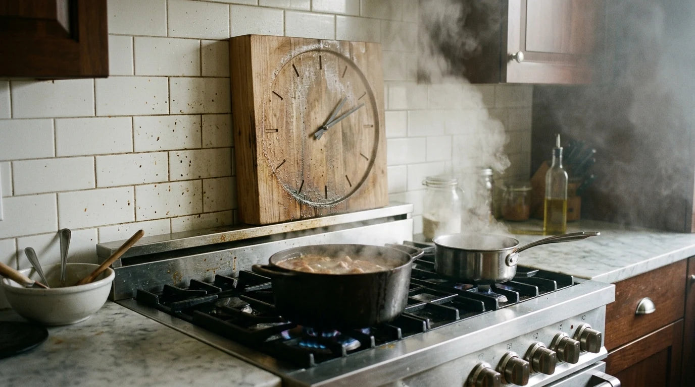 Erreur d'horloge en bois brut placée au-dessus des plaques de cuisson chaleur et vapeur inadaptées