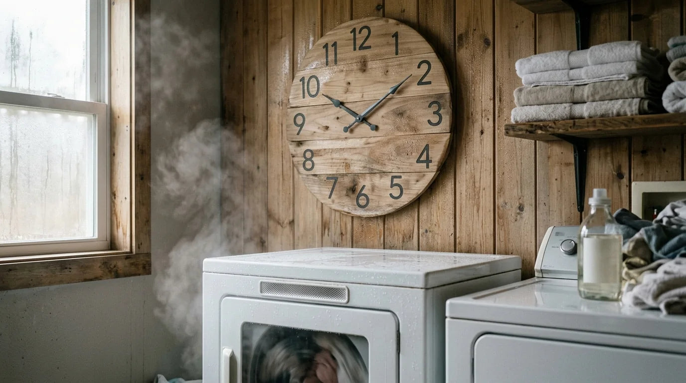 Erreur d'horloge en bois brut dans une buanderie humide matériau inadapté à la vapeur