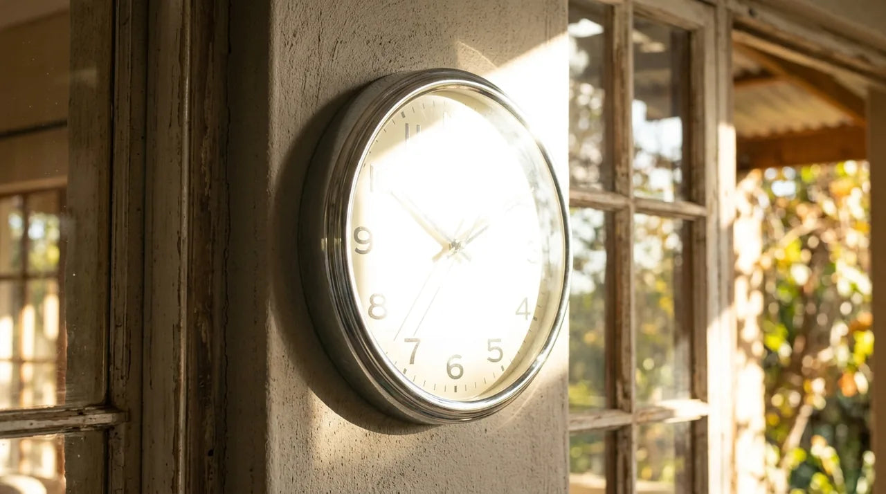 Erreur d'horloge à cadran brillant dans une véranda avec reflets de soleil rendant la lecture difficile