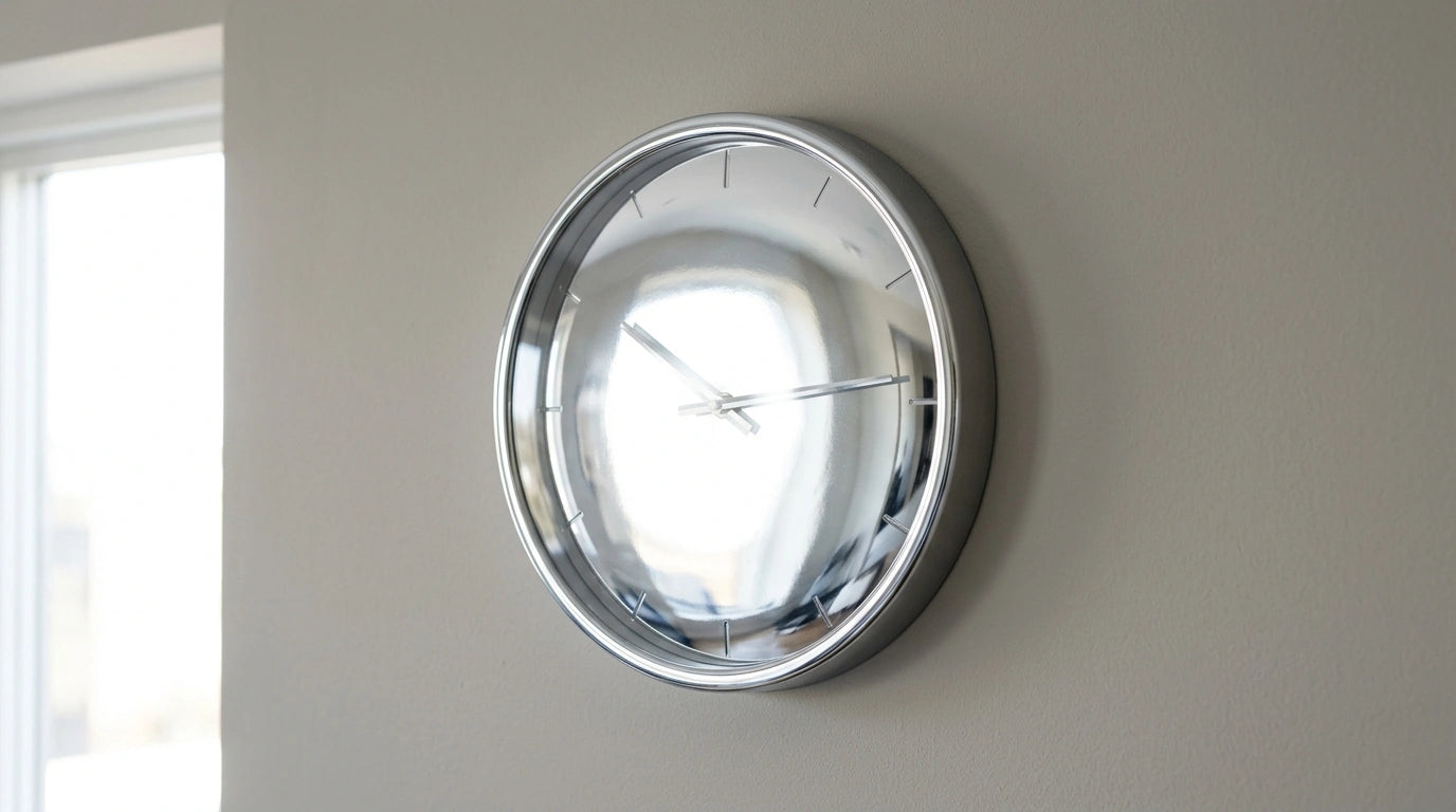 Erreur d'horloge métal trop brillante dont les reflets rendent le cadran illisible