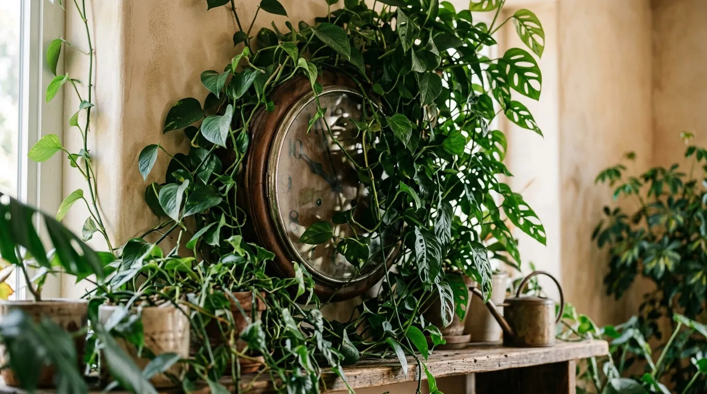Erreur d'horloge noyée sous le feuillage des plantes devenue illisible déséquilibre végétal