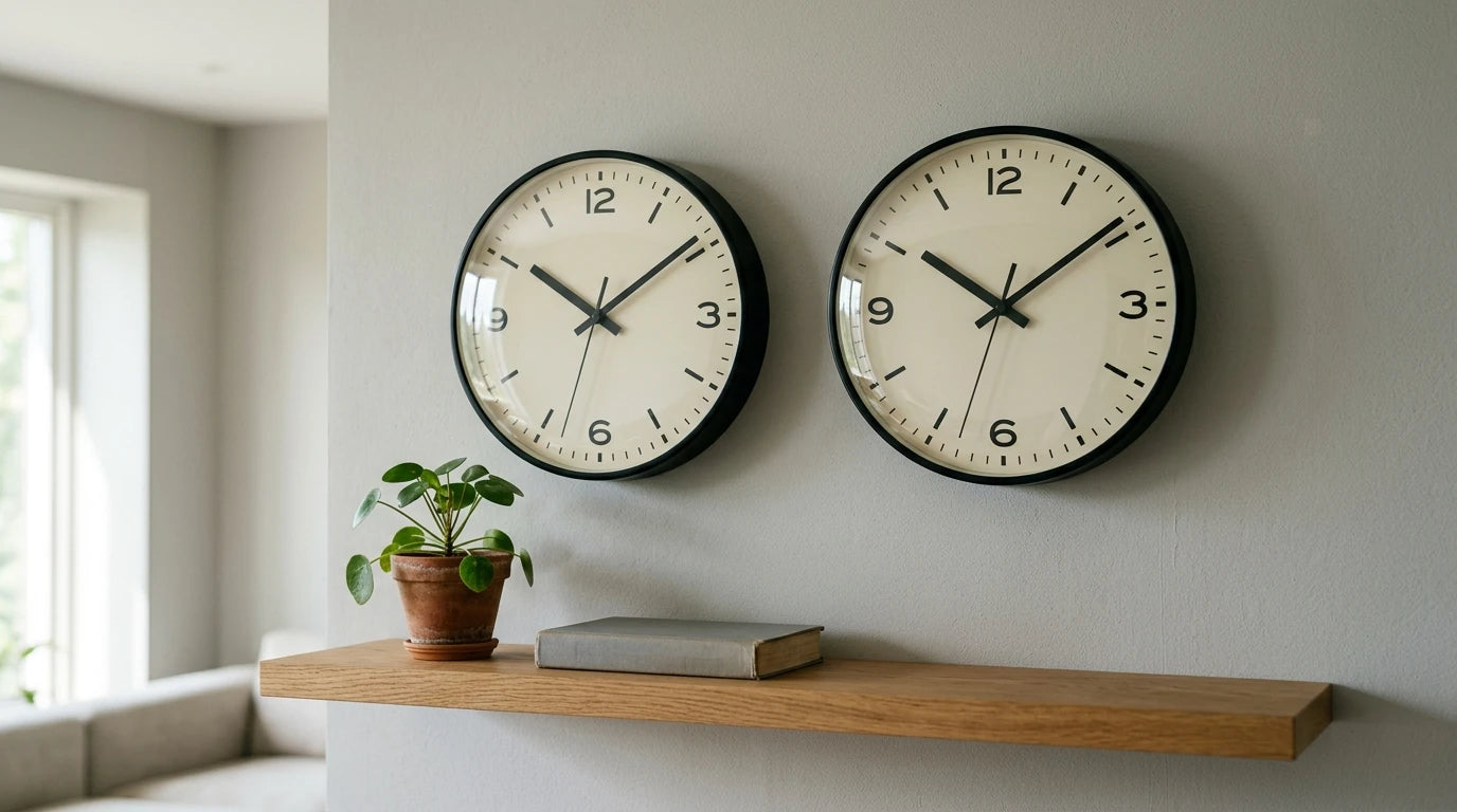 Comparaison entre horloge à trotteuse bruyante et horloge silencieuse à balayage sur un mur