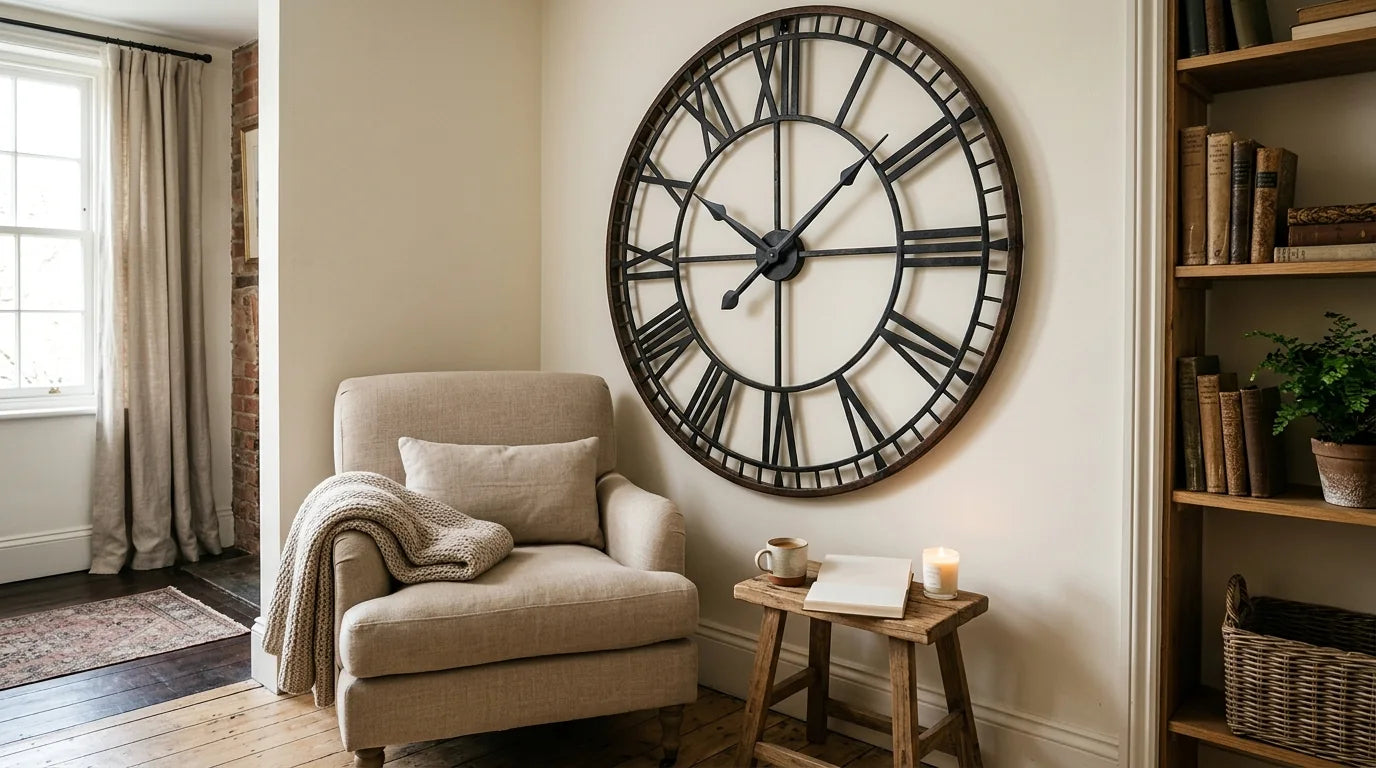 Erreur d'horloge XXL dans un coin lecture qui domine le fauteuil créant une disproportion