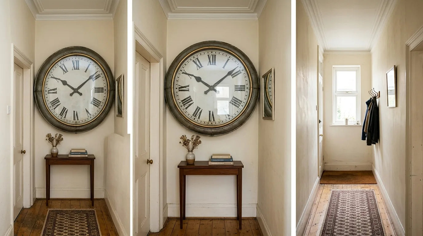 Erreur d'horloge XXL dans une petite entrée écrasante disproportion avec l'espace réduit