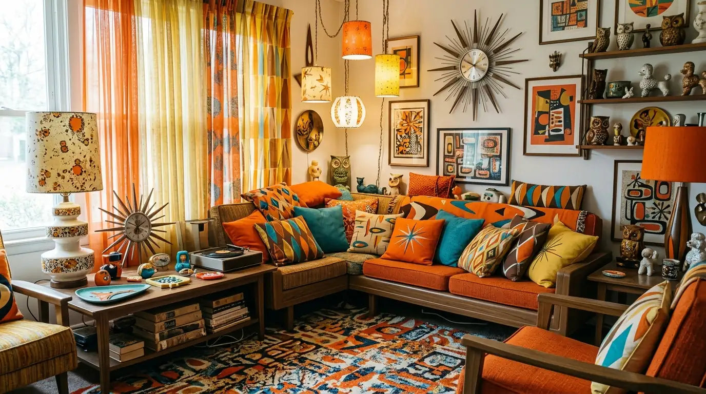 Erreur de mid-century pastiche kitsch avec orange criard et déco trop chargée cliché
