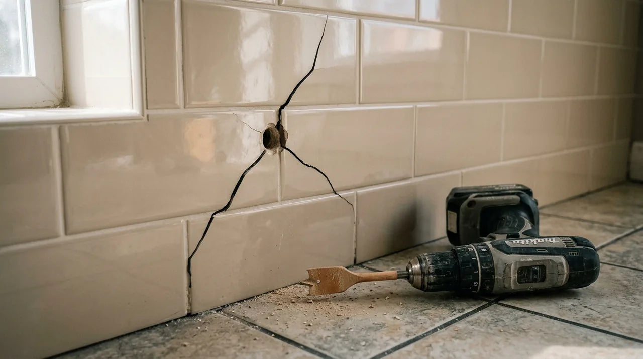Erreur de perçage sur carrelage avec fissure visible par mauvais foret