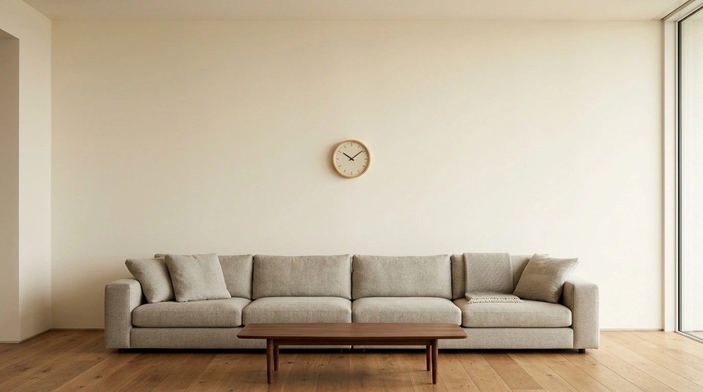 Erreur de petite horloge perdue sur un grand mur nu disproportion avec l'espace vide