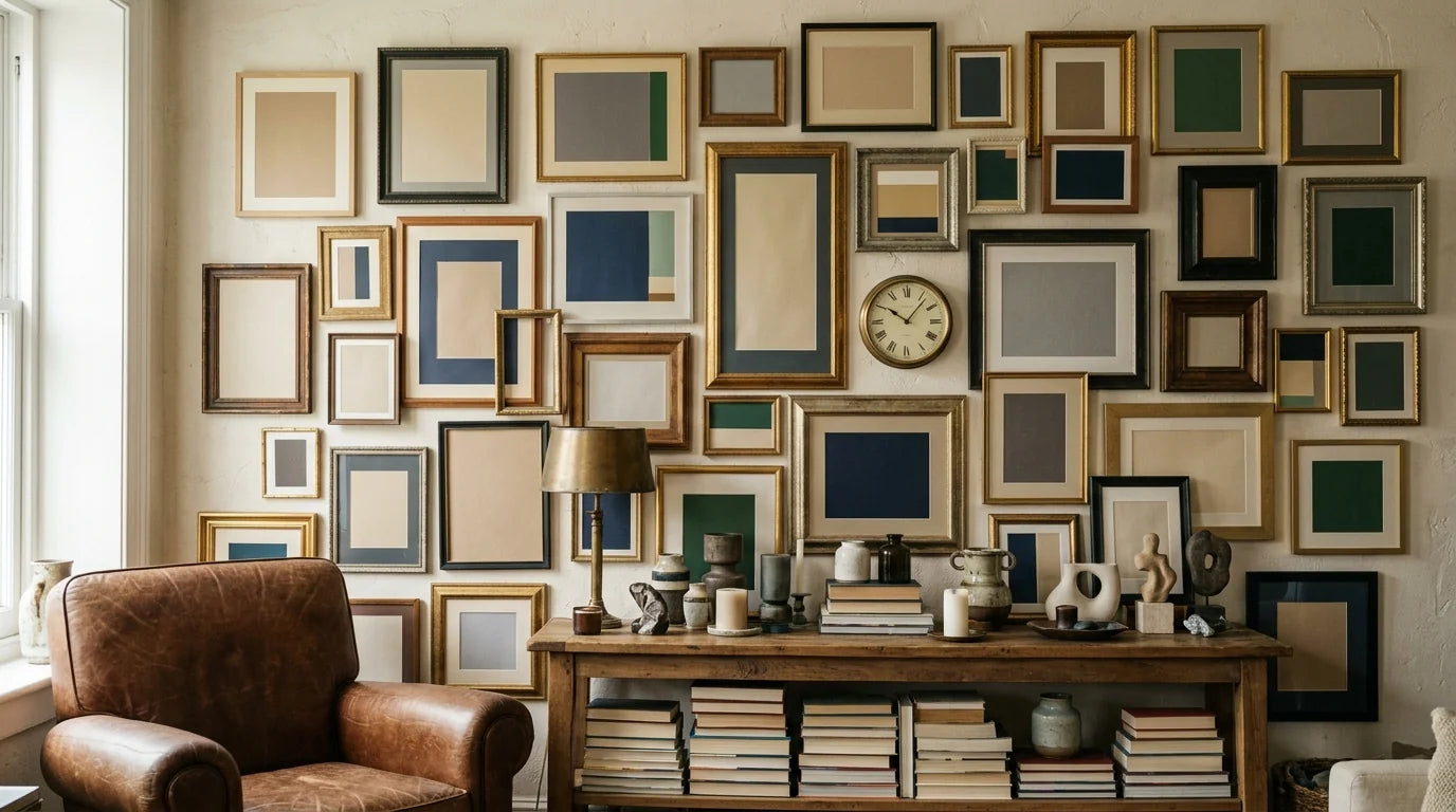 Mur de salon surchargé de cadres illustrant une erreur de placement d'horloge