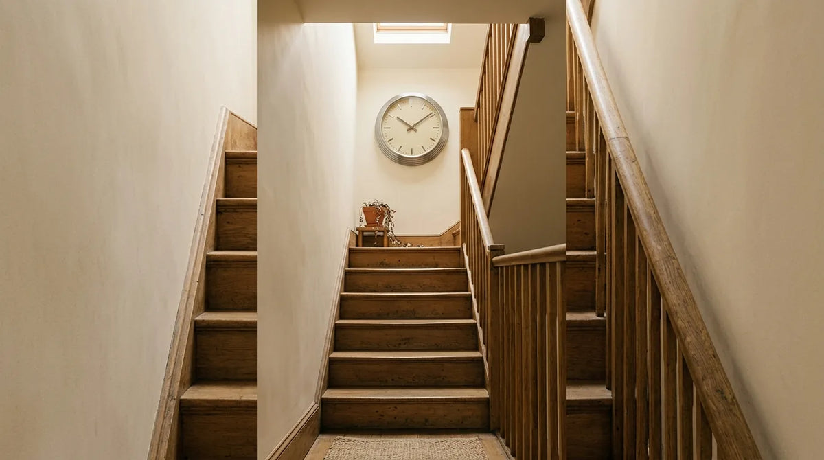 Horloge en haut d'un escalier menant aux combles vue d'en bas créant un point focal