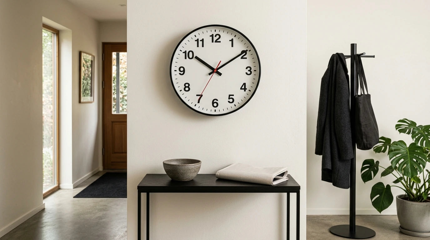 Esprit horloge de gare dans une entrée de maison avec un cadran contrasté et sobre