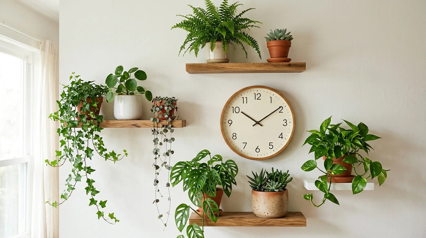Étagères avec plantes et horloge en bois composition verticale de feuillages à hauteurs variées