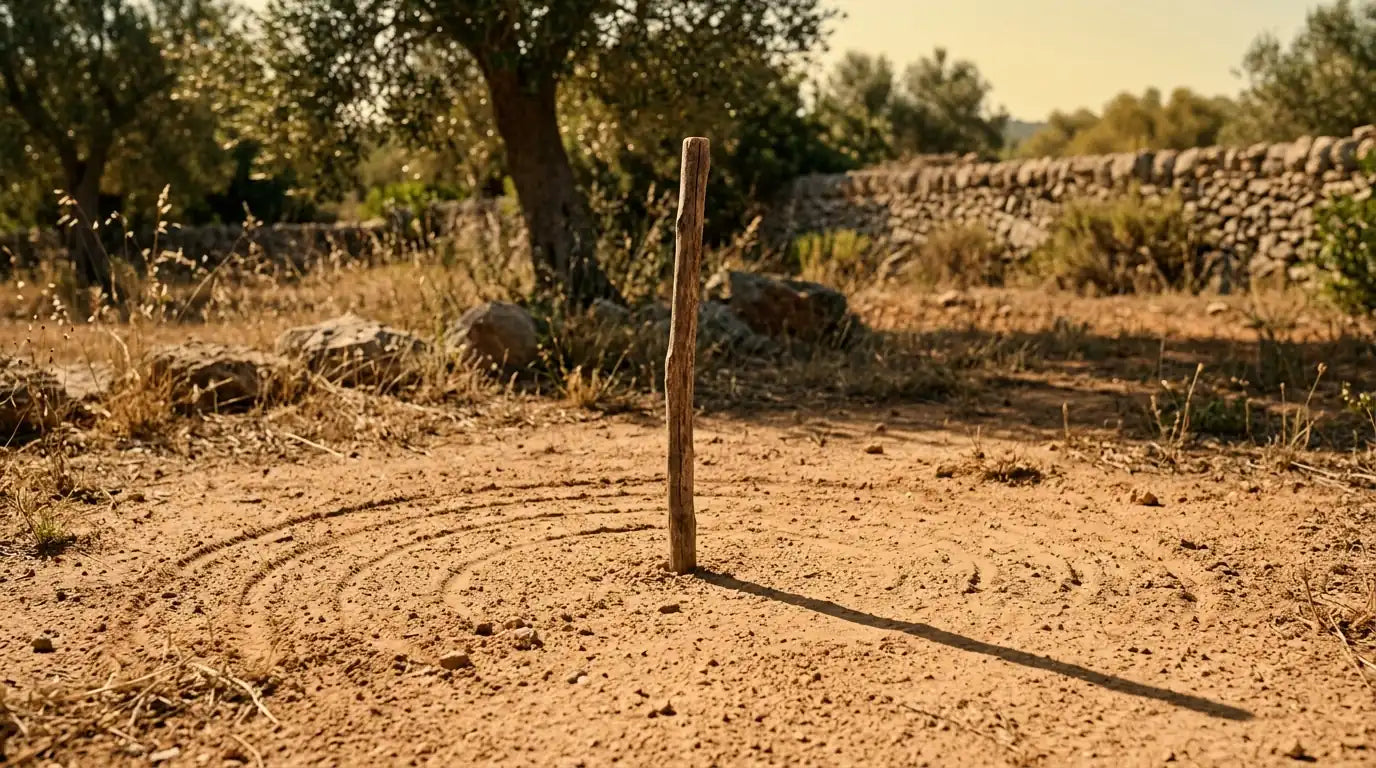 Bâton planté dans le sol projetant une ombre illustrant le déplacement solaire