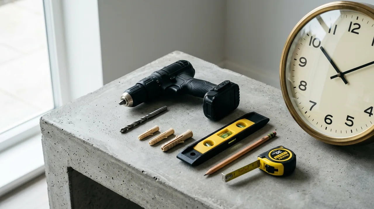 Outils de bricolage perceuse foret béton et cheville pour fixer une horloge sur mur dur