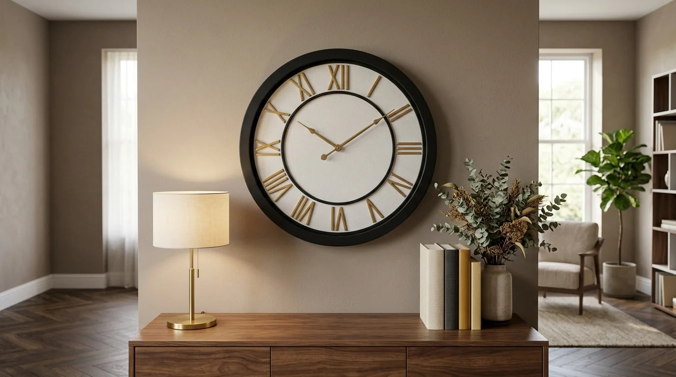 Grande horloge murale lourde fixée solidement sur un mur dans un salon