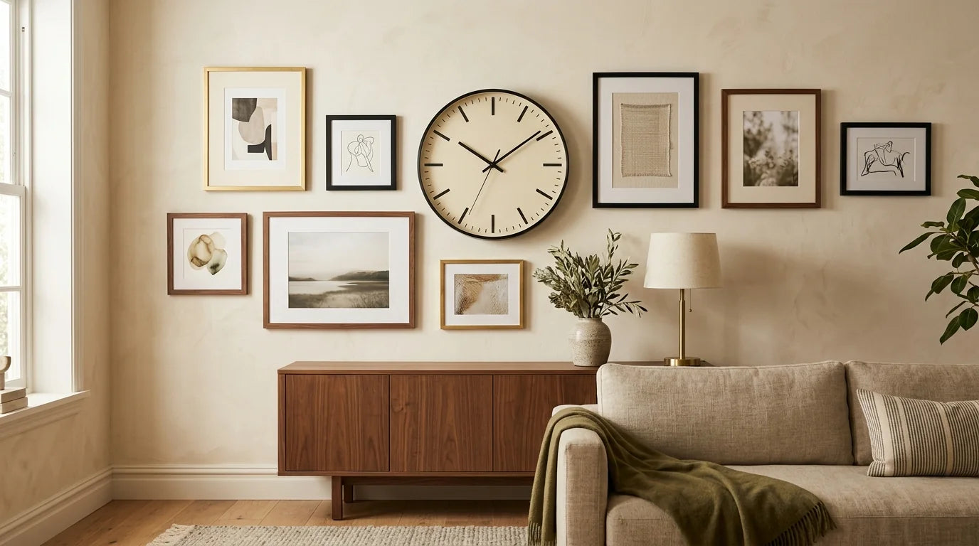 Gallery wall réussi avec une horloge centrale entourée de cadres dans un salon contemporain