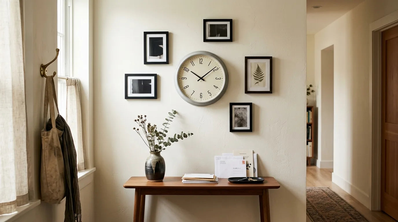 Gallery wall miniature dans une entrée avec horloge centrale et photos encadrées compact