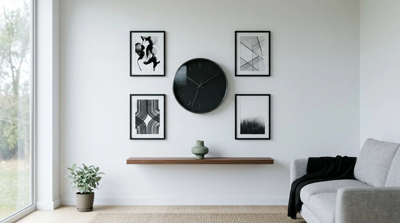 Gallery wall minimaliste avec horloge noire et 4 cadres épurés dans un salon design