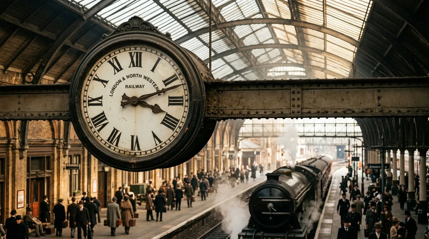 Grande horloge de gare ancienne évoquant la standardisation de l'heure par le train