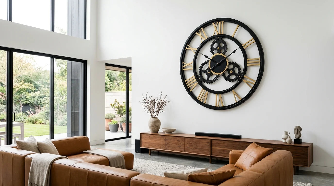 Grand mur blanc avec une grande horloge murale au format imposant créant un point focal