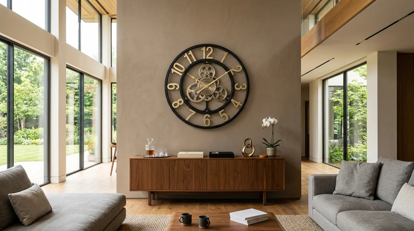 Grand salon avec une grande horloge murale statement bien proportionnée