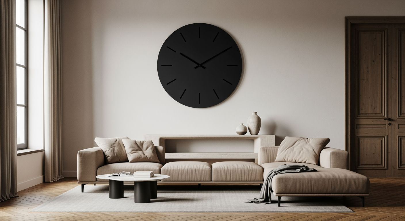 Grande horloge murale ronde noire comme pièce maîtresse au-dessus d'un canapé beige dans un salon contemporain français