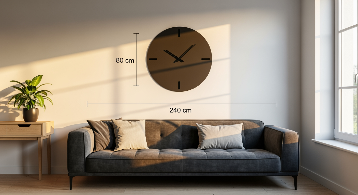 Grande horloge murale 80 cm respectant la règle des deux tiers au-dessus d'un canapé en velours gris de 240 cm dans un salon français