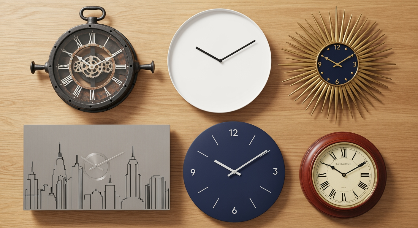 Sélection de six grandes horloges murales silencieuses présentées en flat-lay sur table en bois clair, collection silent sweep