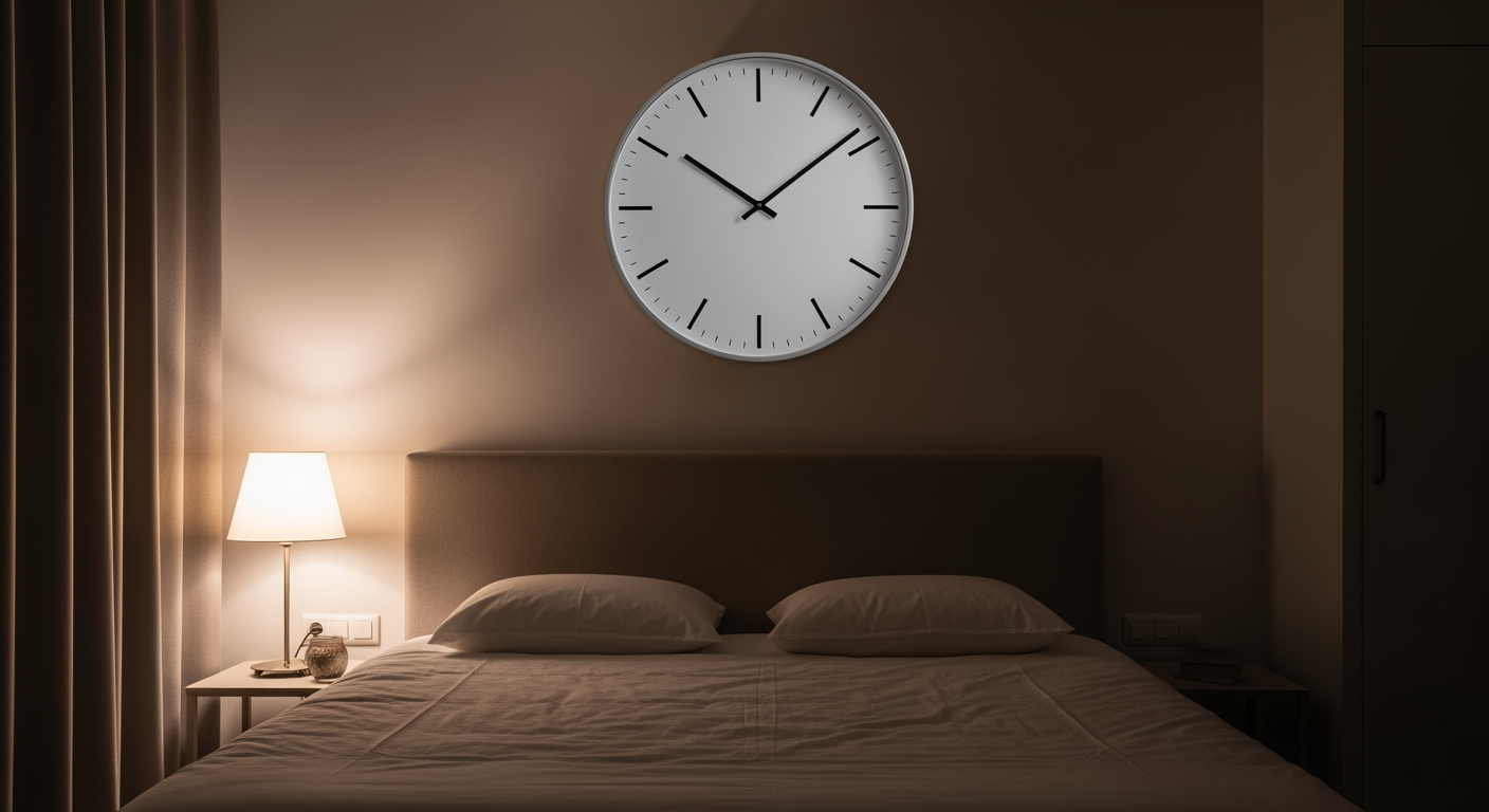 Grande horloge murale silencieuse silent sweep dans une chambre française feutrée la nuit, lit en lin blanc et lampe de chevet