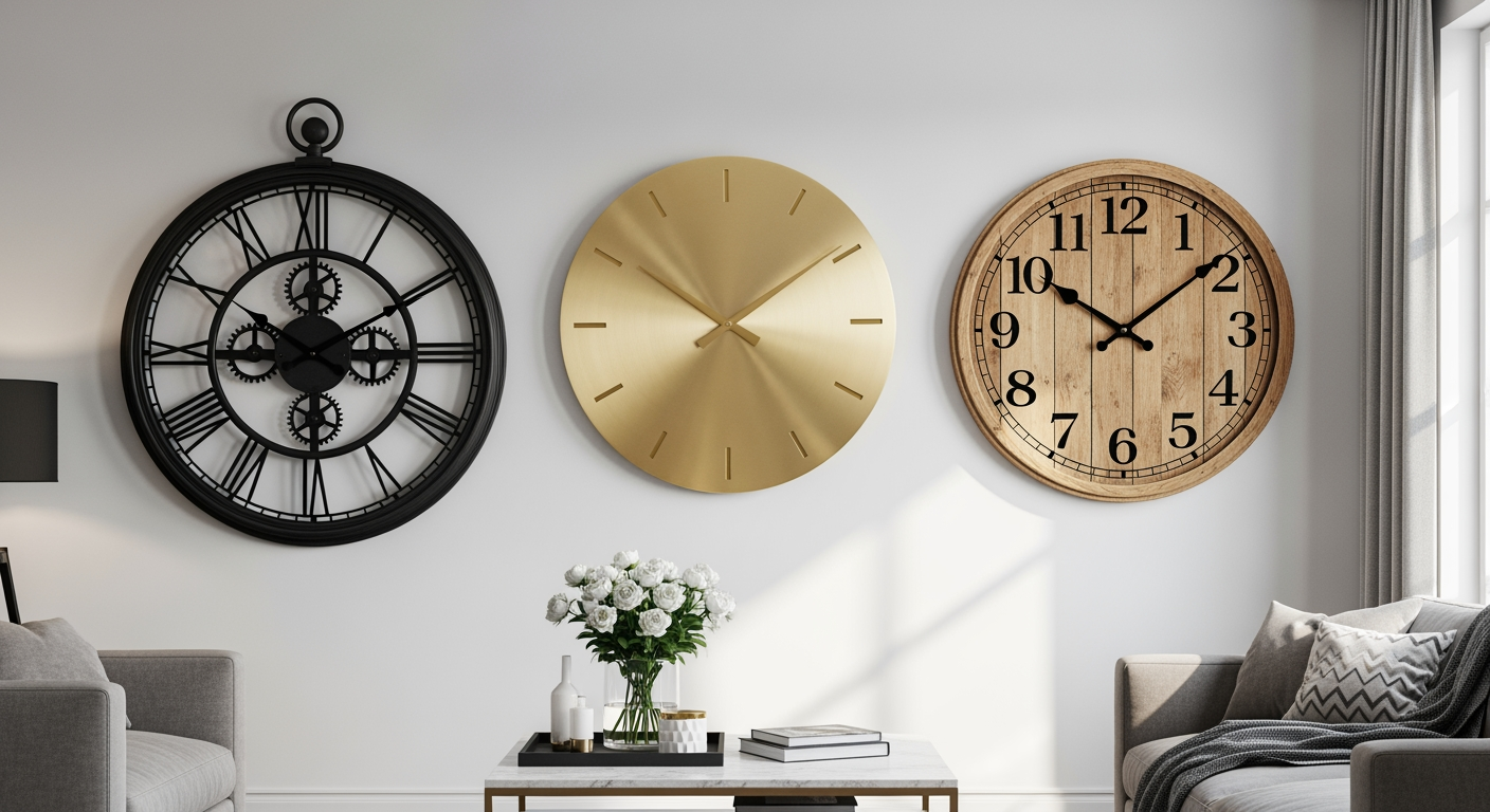 Trois grandes horloges murales de styles différents, industrielle noire, dorée minimaliste et vintage bois, sur un mur galerie d'un salon contemporain