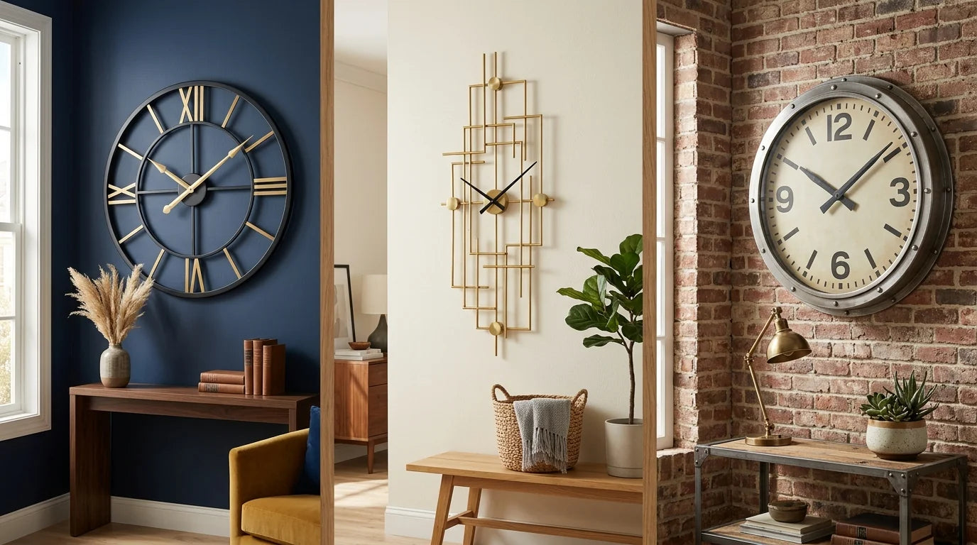 Trois exemples de grandes horloges murales solidement fixées dans des salons