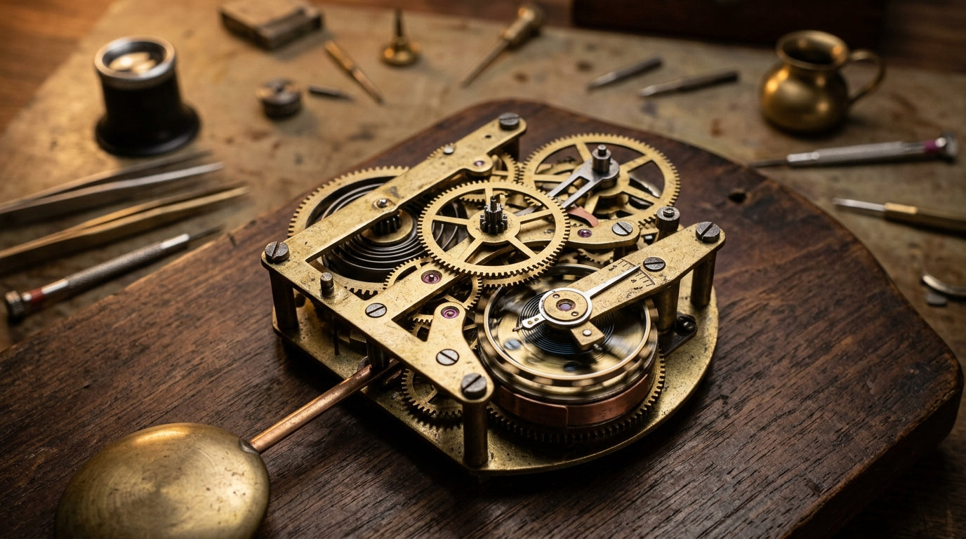Mécanisme intérieur d'une horloge mécanique vintage avec engrenages dorés visibles