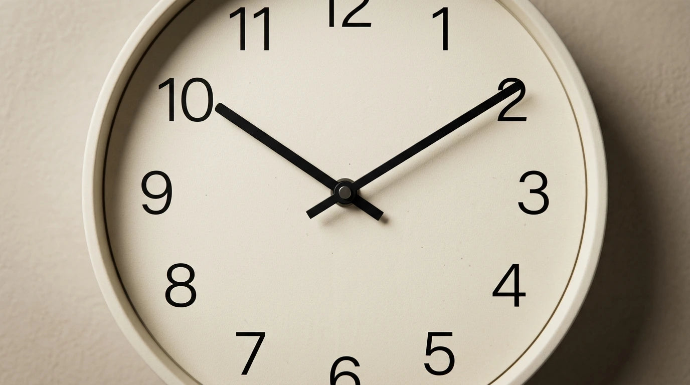 Détail d'un cadran à 10h10 formant un V symétrique qui dégage le haut de l'horloge