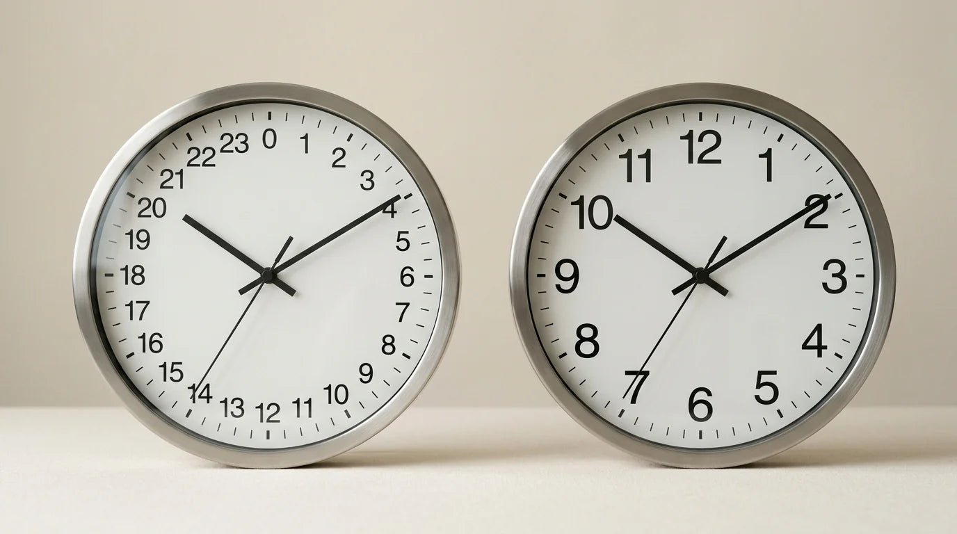 Comparaison entre une horloge à cadran 24h et une horloge classique 12h