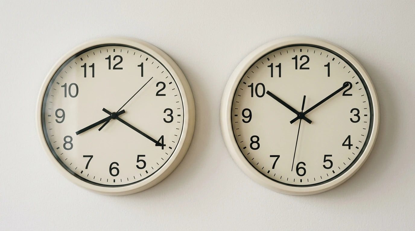 Comparaison entre une horloge à 8h20 et une horloge à 10h10 ancienne et nouvelle convention