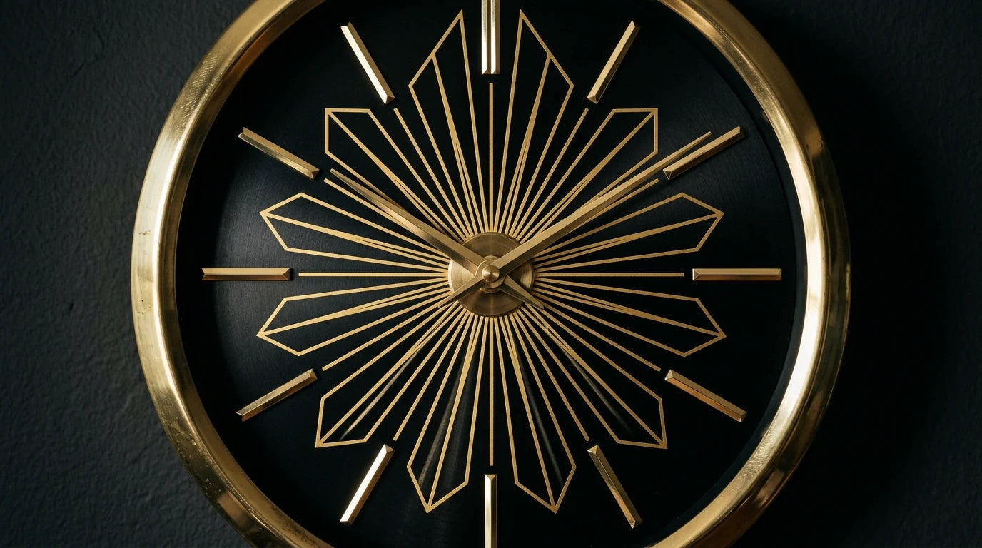 Détail géométrique noir et or d'une horloge Art déco aux lignes rayonnantes motif graphique