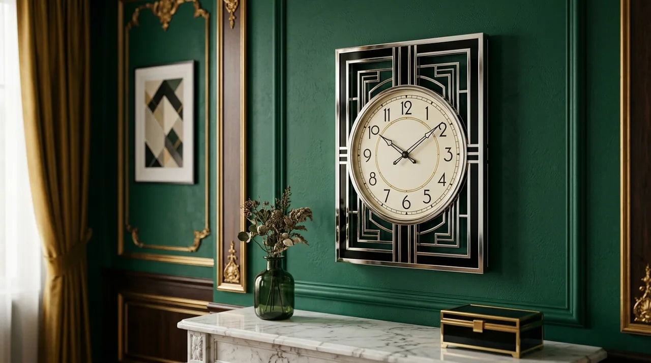 Horloge Art Déco rectangulaire avec cadran rond intérieur exception géométrique des années 1920