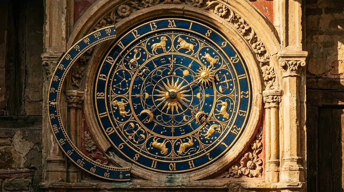 Cadran d'horloge astronomique médiévale avec zodiaque et mécanisme ancien artistique