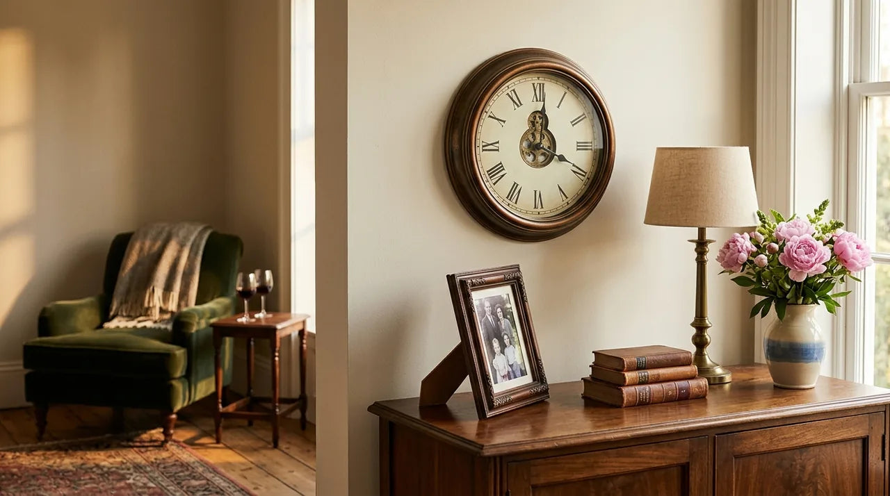 Horloge Augustus vintage dans le salon d'un couple établi avec 10 à 15 ans de mariage
