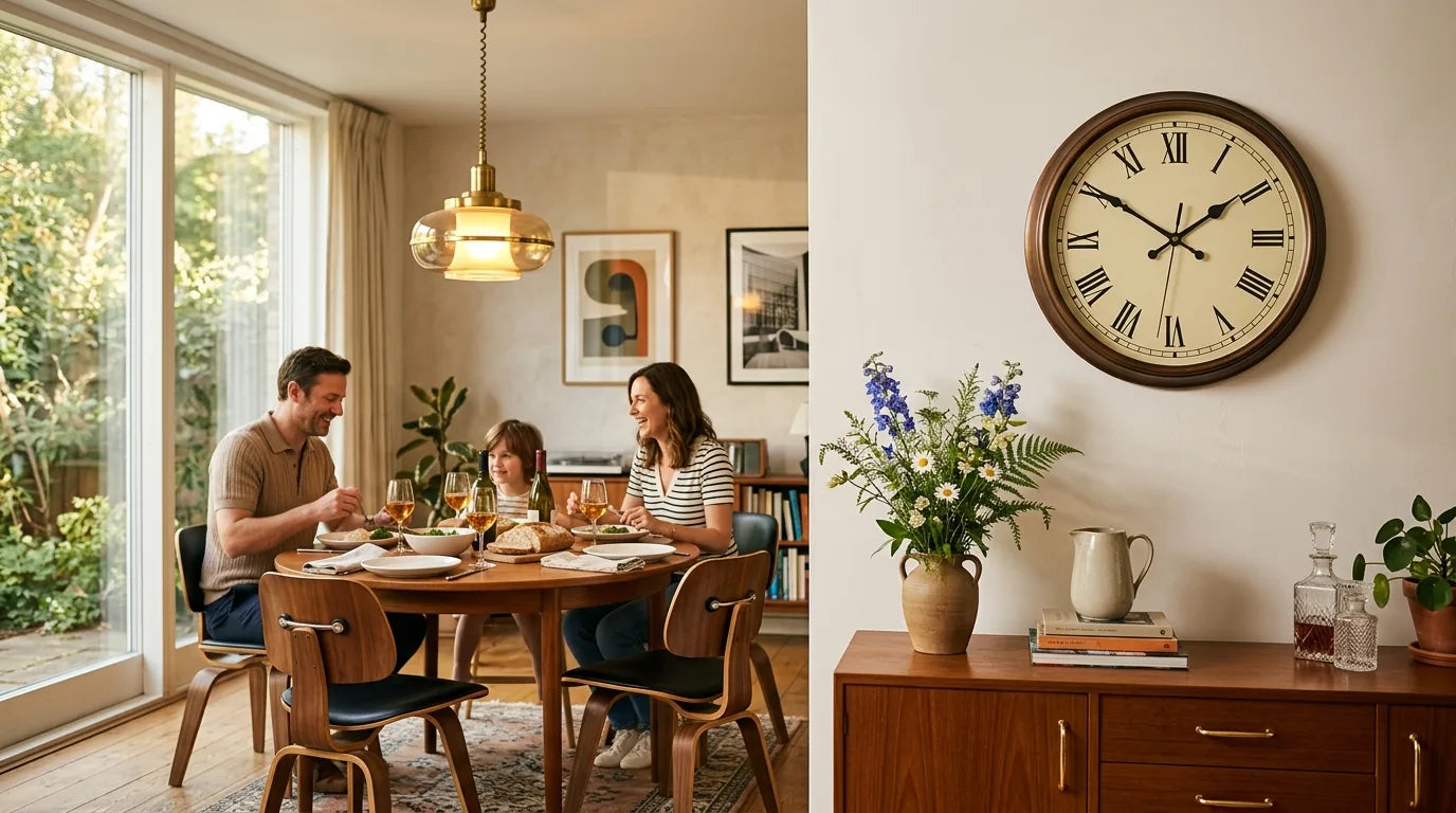 Horloge Augustus dans une salle à manger mid-century avec table teck et chaises iconiques