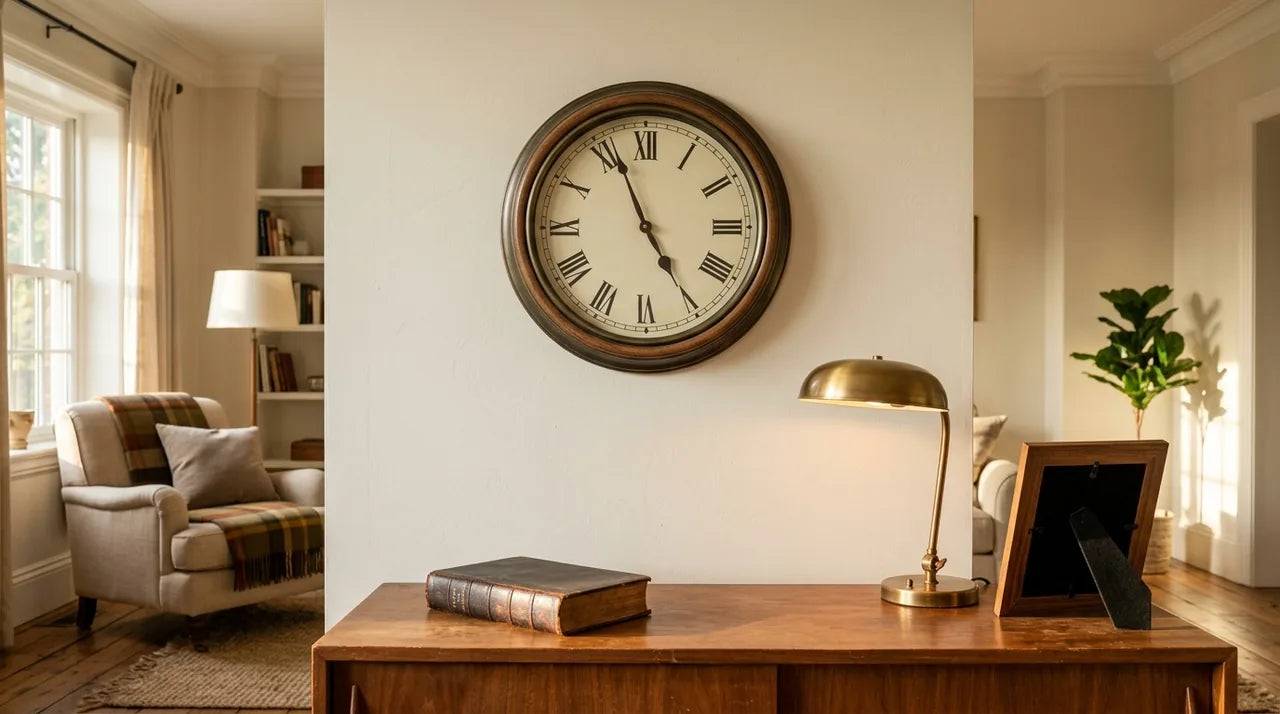 Horloge vintage Augustus dans un salon classique chez un jeune diplômé