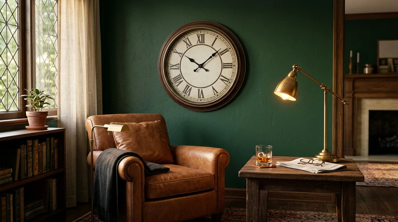 Horloge murale Augustus vintage offerte à un papa classique dans un salon chaleureux