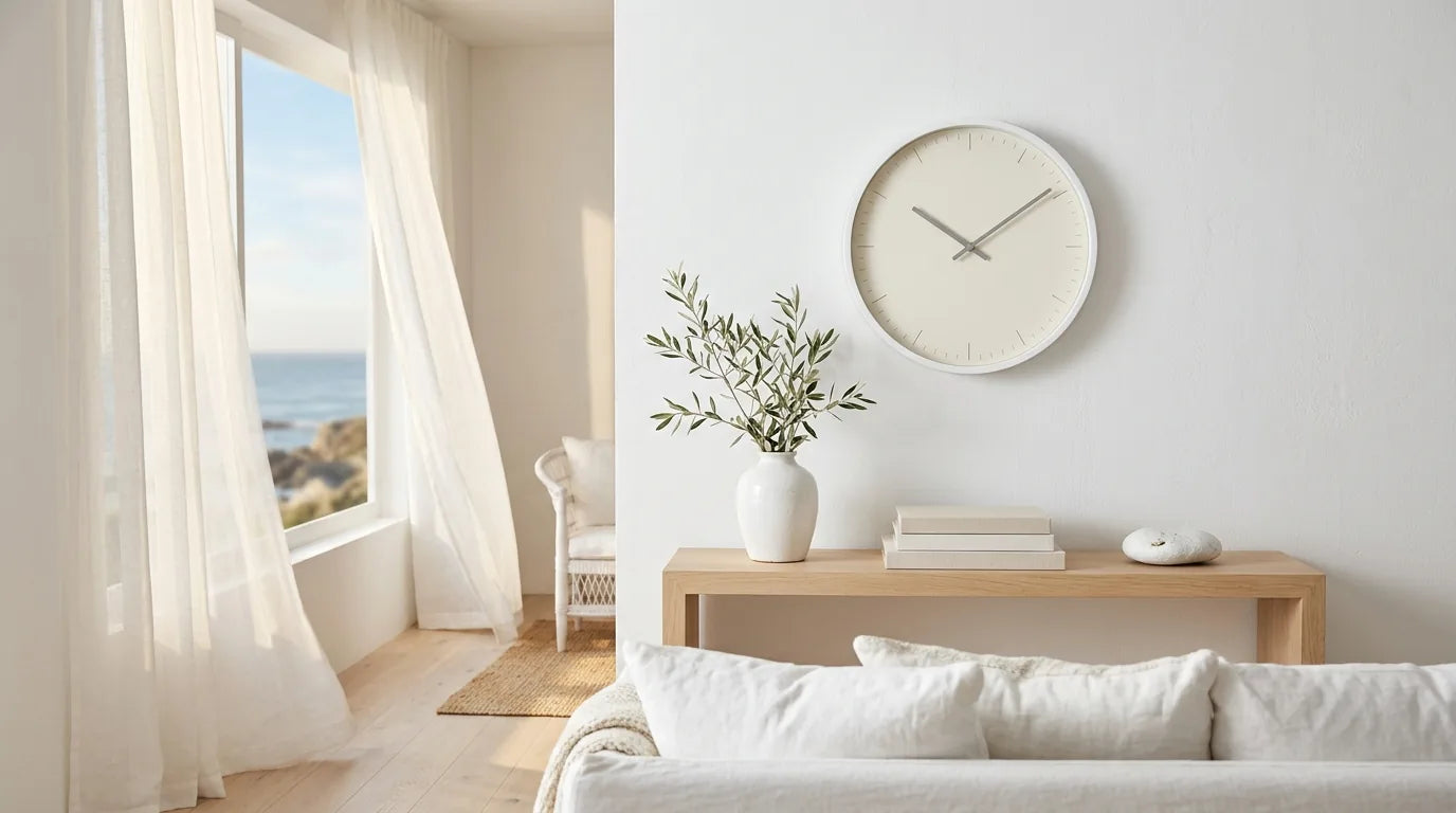 Horloge murale Bergen blanche pure et lumineuse évoquant une voile au soleil