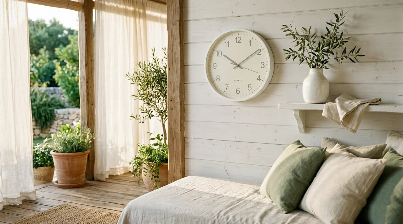 Horloge Bergen Blanc dans une véranda aux tons clairs amplifiant la lumière douce