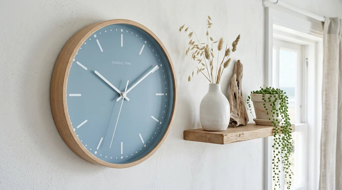 Horloge murale Bergen Bleu Nordique sur un mur blanc cassé style bord de mer