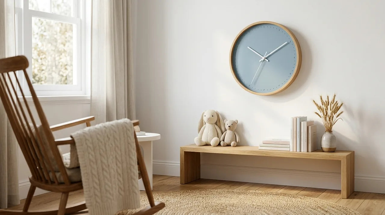 Horloge Bergen Bleu Nordique dans une chambre de bébé scandinave apaisante