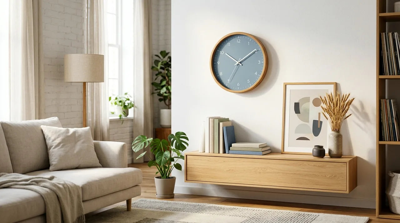 Horloge Bergen Bleu Nordique dans le salon d'un jeune diplômé créatif
