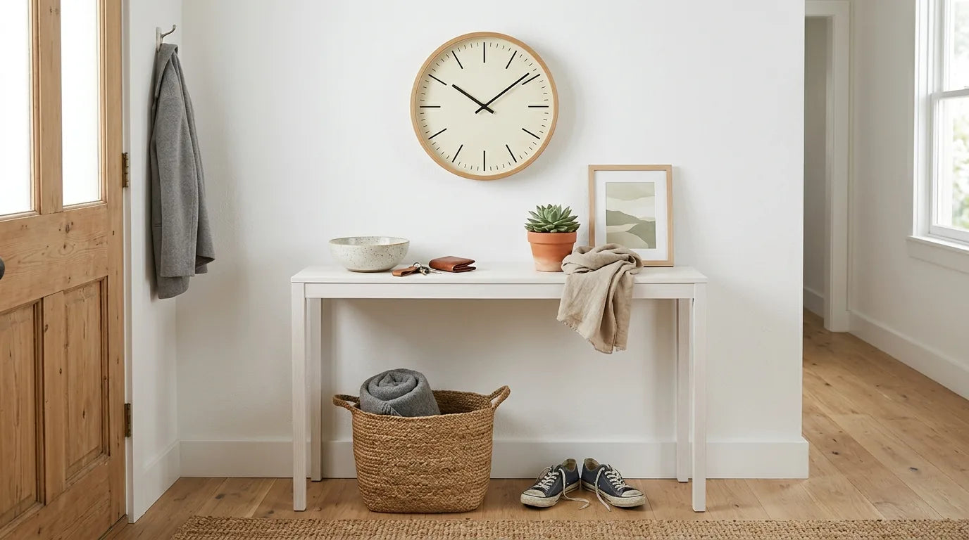 Horloge Bergen au-dessus d'une console à clés dans une entrée scandinave fonctionnelle