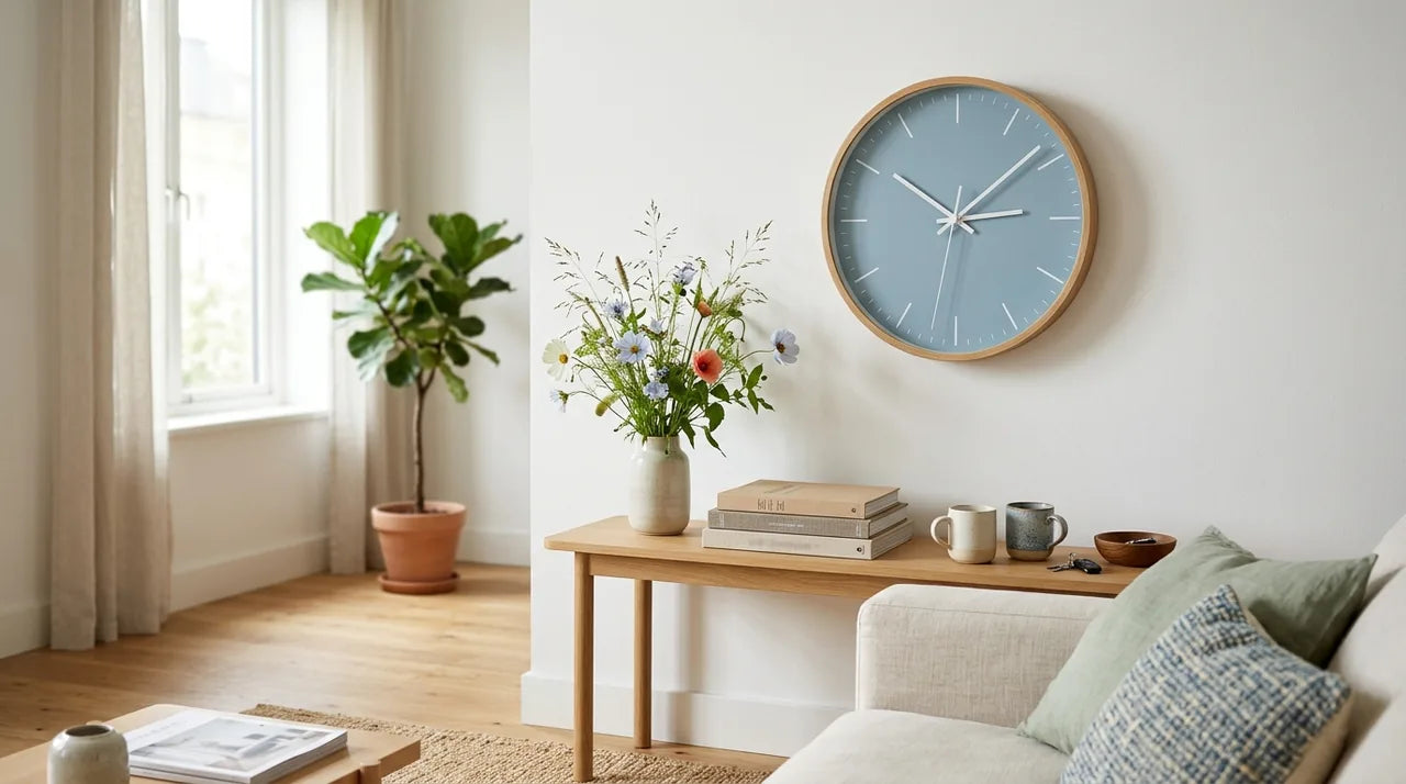 Horloge Bergen Bleu Nordique dans le salon d'un jeune couple 1 à 5 ans de mariage