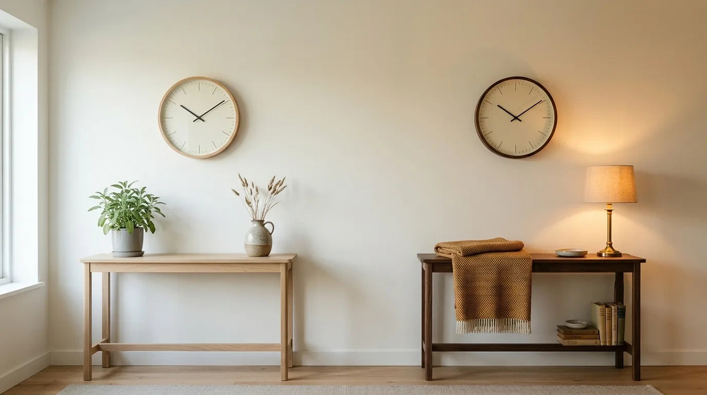 Comparaison entre horloge en bois clair nordique et bois foncé chaleureux selon l'ambiance déco